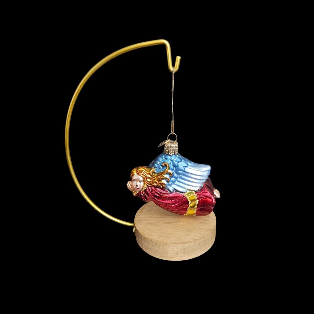 Old World Christmas Flying Angel Glass Christmas Ornament Red Blue 3.5"